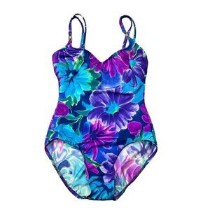 Vintage Floral Elisabeth Stewart Swimsuit Size 10 Purple Blue Flowers